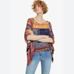 Desigual | Women’s Print Orange Blus Liberia Blouse Top Embroidered Patchwork S